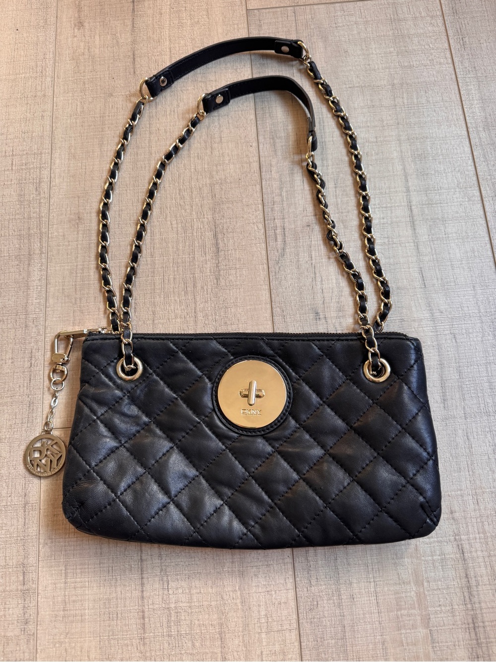 DKNYC Black Quilted Shoulder Bag with Gold Accents